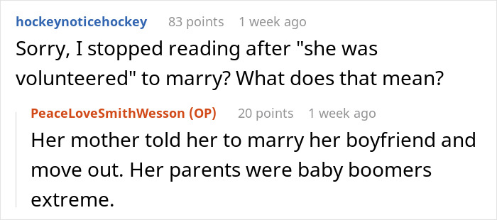 Reddit discussion about marriage, referencing baby boomers' influence.