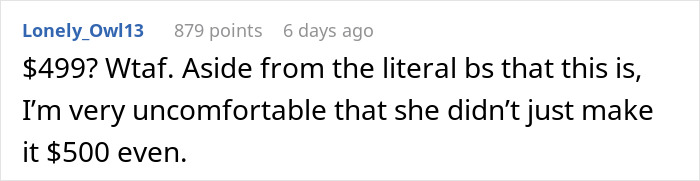 Reddit comment reacting to a $499 cost for attending a lady's birthday celebration.