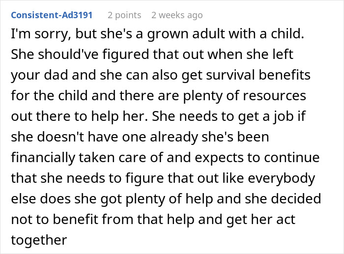 Online comment discussing responsibilities of dad's ex-wife and son regarding rent assistance.