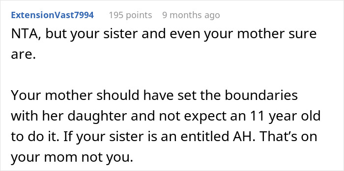 Reddit comment supporting teen prioritizing future over babysitting sister&rsquo;s kids.