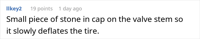 Comment about a stone in a tire valve cap for slow deflation, related to parking revenge.