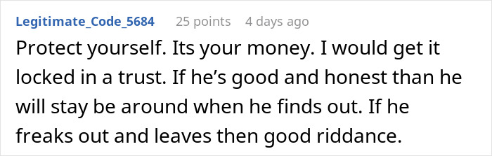 Reddit comment suggesting locking money in a trust regarding a man's partner. Reddit comment suggesting locking money in a trust regarding a man's partner.