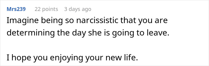 Reddit user comment discussing narcissism related to a moving out situation. Reddit user comment discussing narcissism related to a moving out situation.