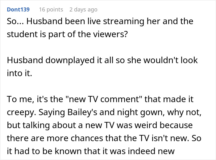 Comment discussing student making creepy remark about a new TV, with husband dismissing concerns. Comment discussing student making creepy remark about a new TV, with husband dismissing concerns.