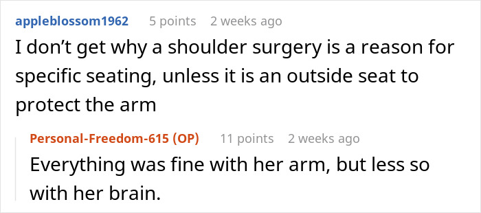 Reddit comment discussing seating preference due to shoulder surgery; humorous reply questioning reasoning. Reddit comment discussing seating preference due to shoulder surgery; humorous reply questioning reasoning.