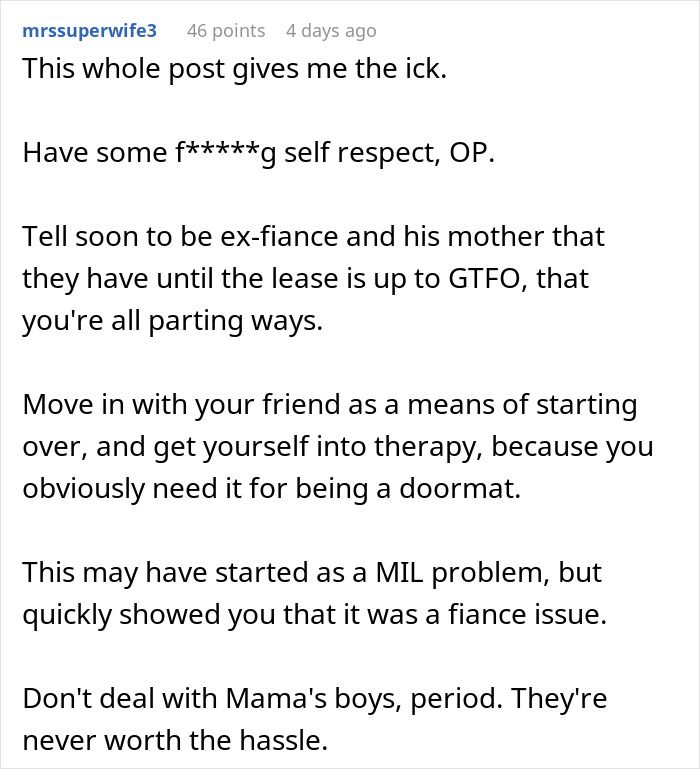 Text exchange about self-respect and moving out due to a difficult mother-in-law situation. Text exchange about self-respect and moving out due to a difficult mother-in-law situation.