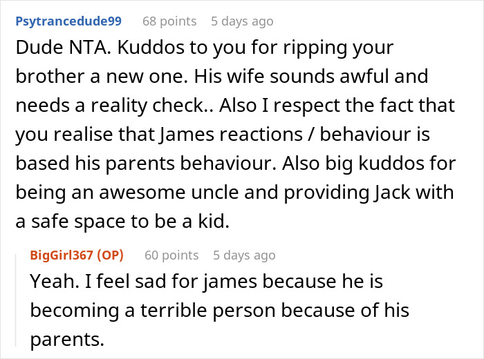Reddit comments praising an uncle for taking in nephew after brother's actions.
