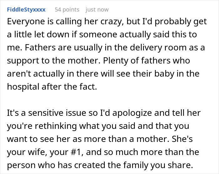 Text discussing sensitive issue of husband&rsquo;s presence during wife&rsquo;s labor, emphasizing the importance of support.
