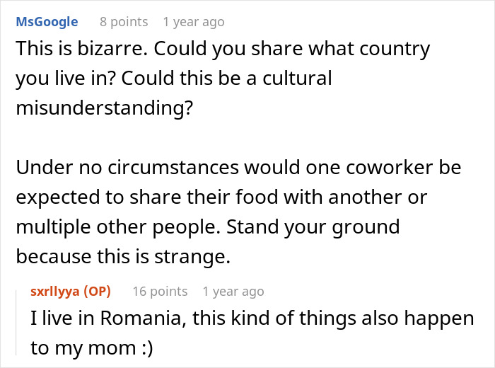 Text conversation about coworker expecting extra food, cultural misunderstanding, and team spirit issues.