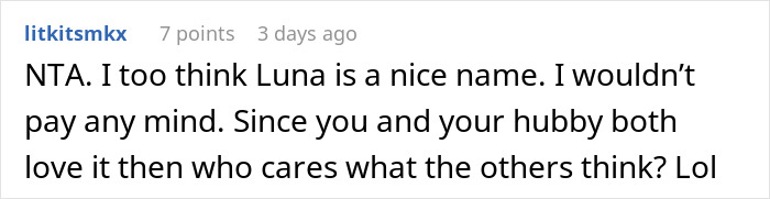 Comment supporting the name Luna, suggesting not to worry about others' opinions on baby names.