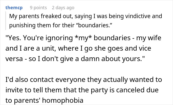 Text exchange about boundaries and canceling a party due to parents' disrespect toward daughter's wife. Text exchange about boundaries and canceling a party due to parents' disrespect toward daughter's wife.