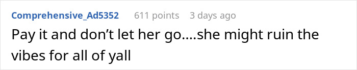 Reddit user comment suggesting to pay a friend's share to avoid ruining vacation vibes.
