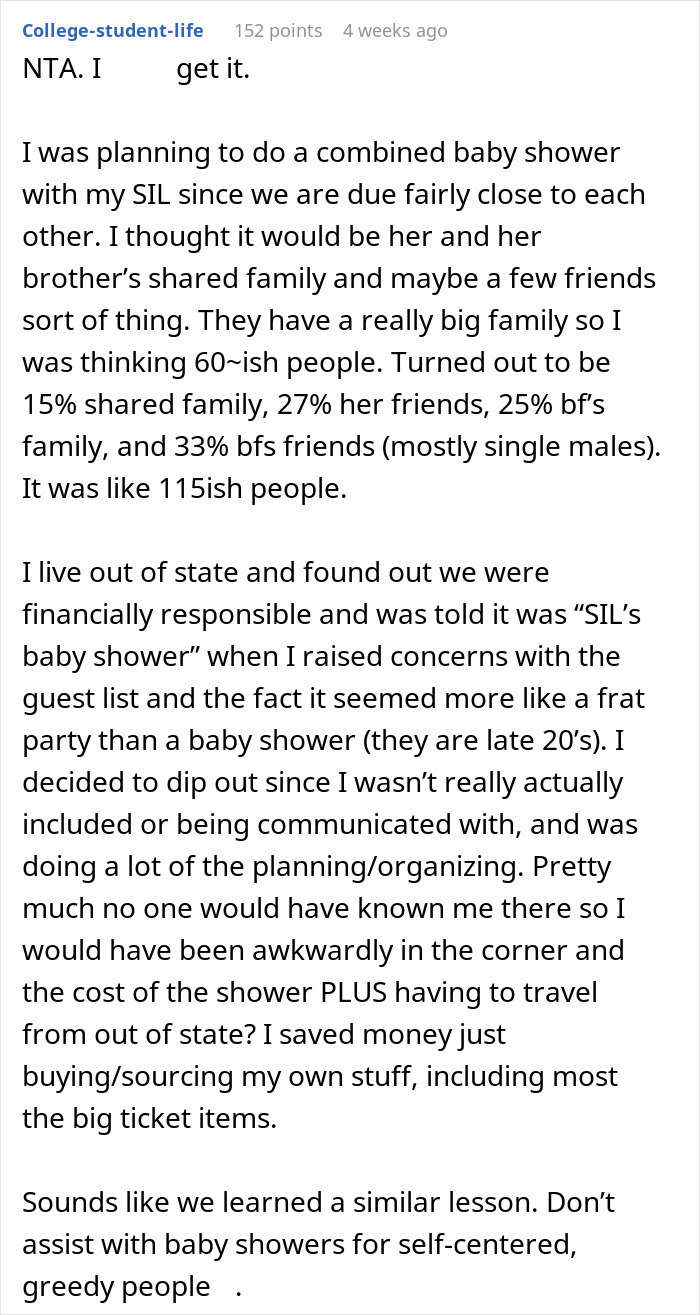 Text description discussing a conflict involving an entitled sister and a baby shower invitation issue. Text description discussing a conflict involving an entitled sister and a baby shower invitation issue.