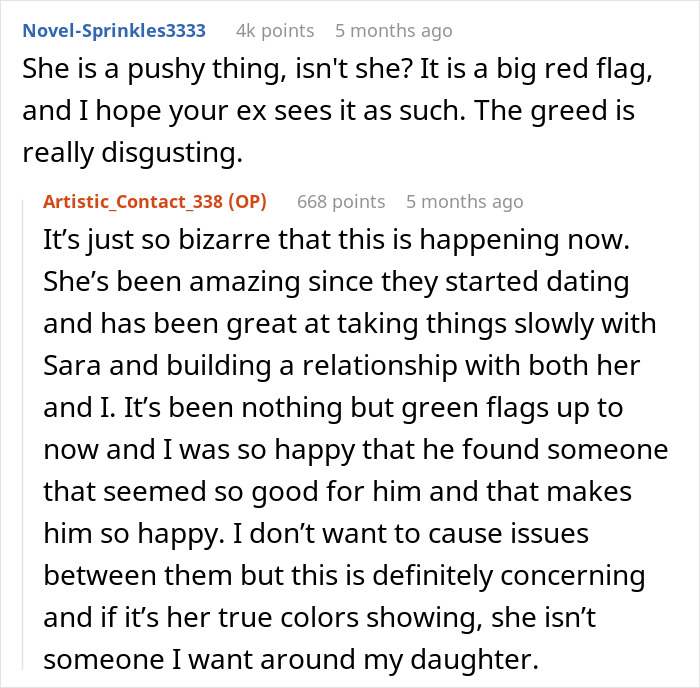 Reddit comment discussing woman demanding jewelry from boyfriend's stepdaughter. Reddit comment discussing woman demanding jewelry from boyfriend's stepdaughter.