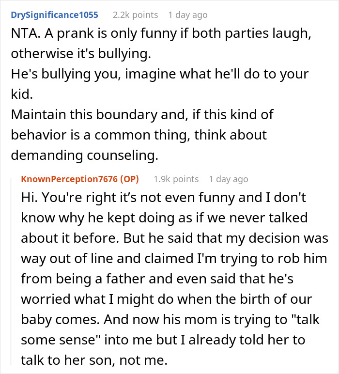 Reddit conversation about a man bothering his wife at pregnancy appointments, involving advice and discussion on behavior.