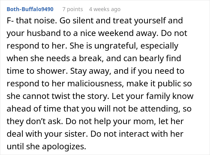 Text from an online forum post giving advice about family conflicts and boundaries. Text from an online forum post giving advice about family conflicts and boundaries.