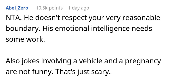 Reddit comment criticizing a man bothering his wife at pregnancy appointments, emphasizing boundaries and emotional intelligence.