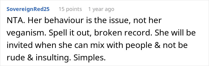 Comment about vegan behavior and family barbeques, criticizing rude actions and discussing invitation conditions. Comment about vegan behavior and family barbeques, criticizing rude actions and discussing invitation conditions.