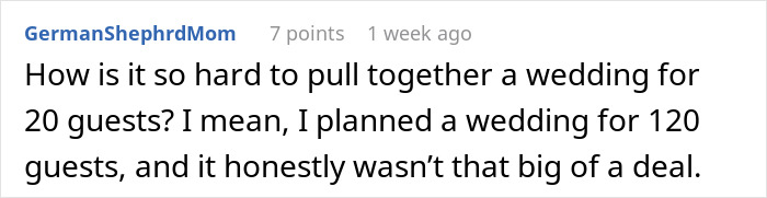 Comment discussing wedding planning challenges for small guest lists. Comment discussing wedding planning challenges for small guest lists.