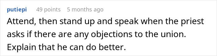 Reddit comment advising to object at a wedding, suggesting the fianc&eacute; deserves better.