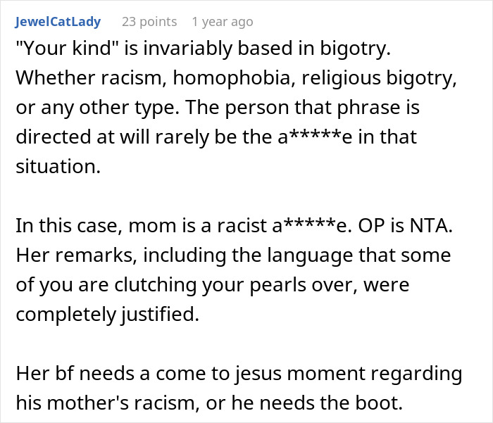 Comment about bigotry and justified remarks on Reddit, discussing boyfriend’s mom. Comment about bigotry and justified remarks on Reddit, discussing boyfriend’s mom.