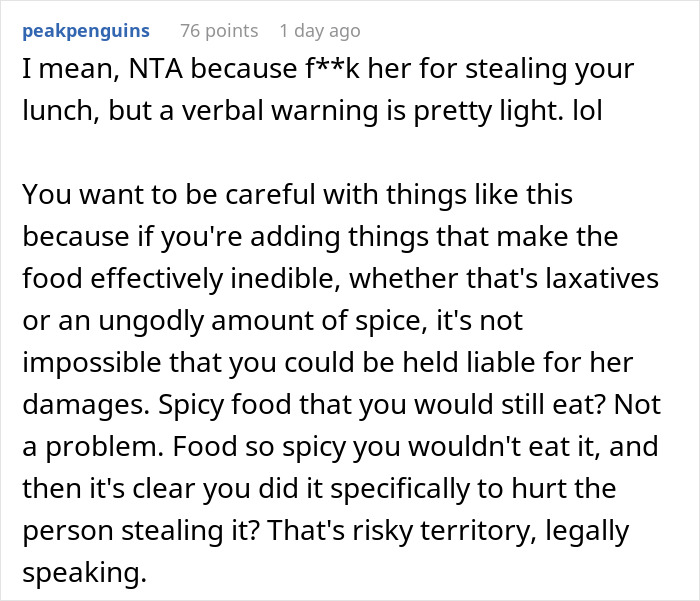 Comment discussing legal risks of planting decoy lunch for food thief.