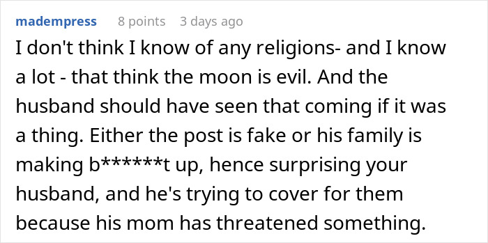 Text screenshot of a forum comment discussing disbelief over religious symbolism and baby name controversy.