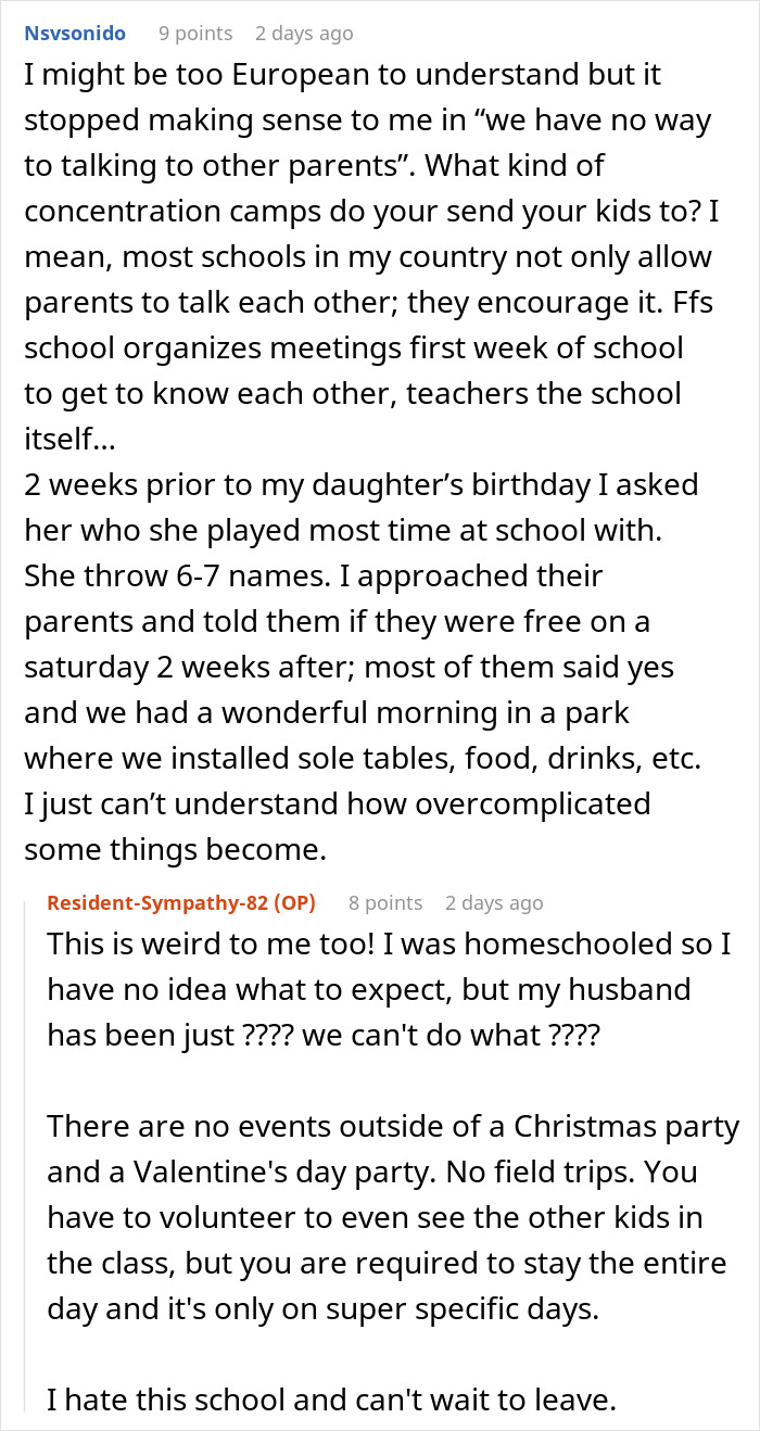 Screenshot of a Reddit discussion about the challenges in organizing children's parties and school events.