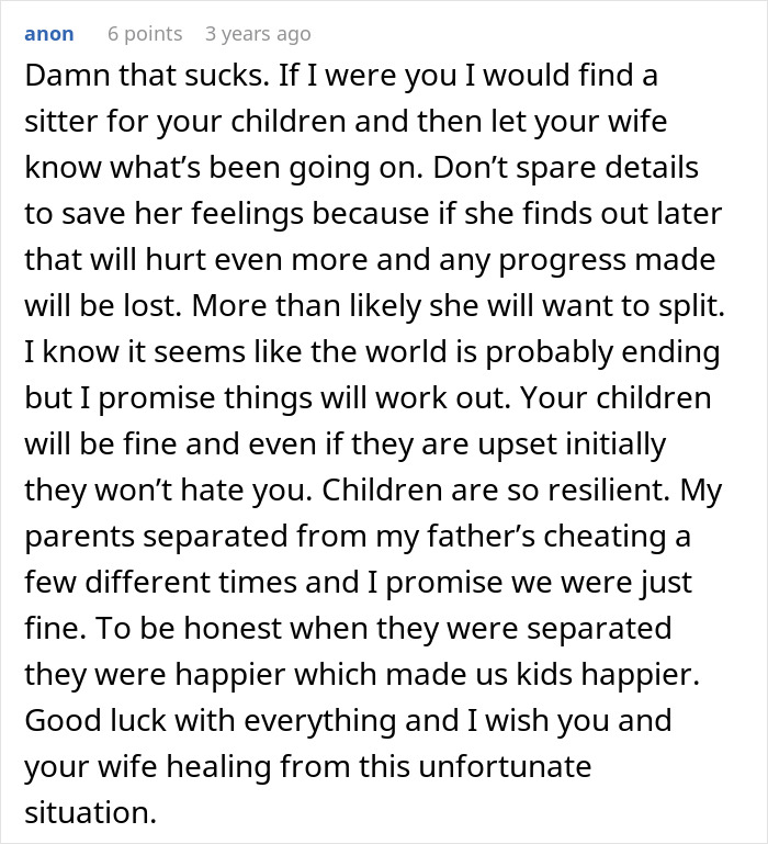 Reddit comment giving advice on handling infidelity in marriage, emphasizing honesty and resilience. Reddit comment giving advice on handling infidelity in marriage, emphasizing honesty and resilience.
