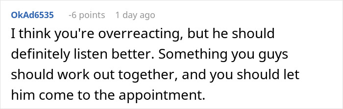 Comment discussing a husband interrupting his wife's pregnancy appointments and suggestions for better communication.
