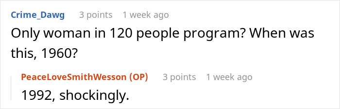 Reddit thread discussing gender disparity in engineering programs in 1992.