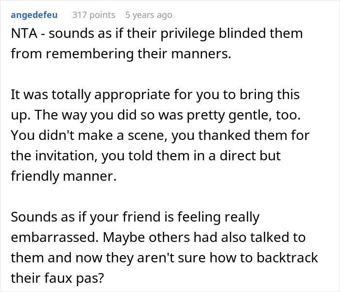 Comment thread discussing expensive dinner party bill, emphasizing friend's manners and embarrassment. Comment thread discussing expensive dinner party bill, emphasizing friend's manners and embarrassment.