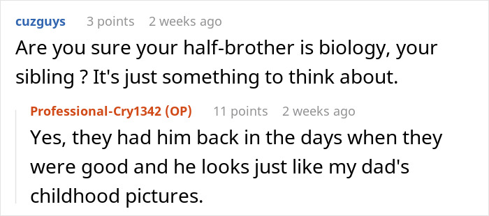 Reddit comments discussing sibling's biology in family rent dispute context.