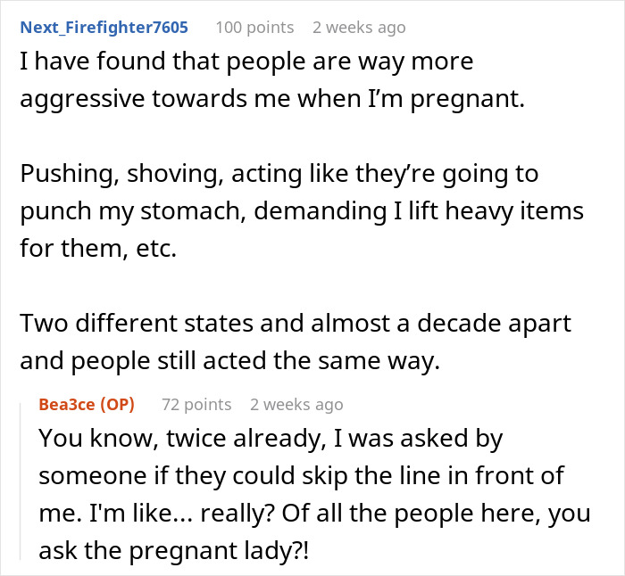 Text exchange about aggressive behavior experienced during pregnancy, highlighting line-skipping incidents.