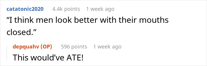 Text exchange about shocking coworker's audacity with a comment on men's appearance. Text exchange about shocking coworker's audacity with a comment on men's appearance.