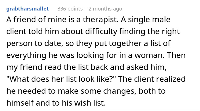 Text post discussing a therapist's advice on dating and personal reflection for a young male client.