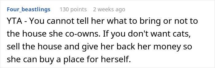 Comment discussing a son's cat allergy and co-owning a house with his mom.