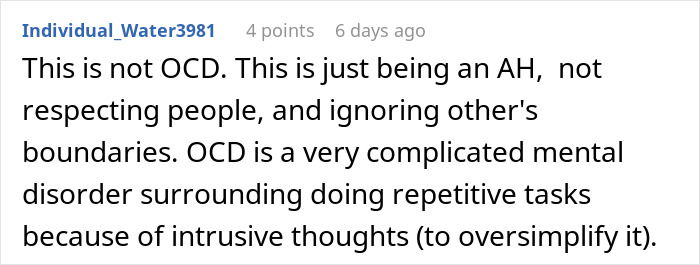 Text comment discussing OCD misconceptions and boundary respect. Text comment discussing OCD misconceptions and boundary respect.