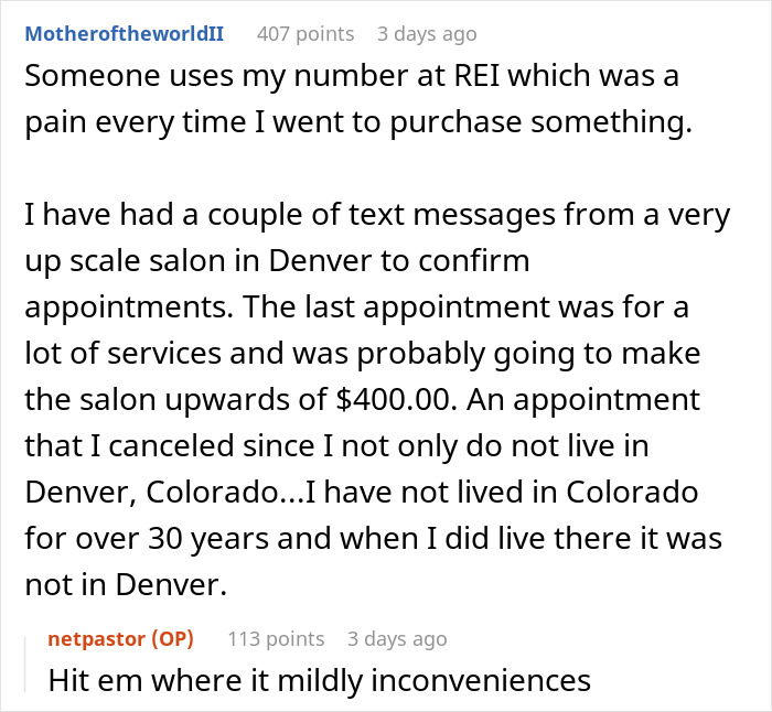 Text exchange about using phone number for reservation issues, highlighting inconvenience and mistaken identity.