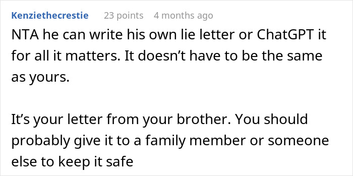 Forum comment advising a teen about a personal letter related to brother's final words. Forum comment advising a teen about a personal letter related to brother's final words.
