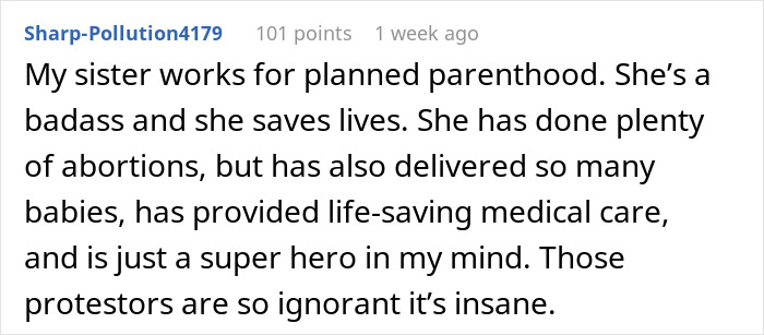 A comment praising women's contributions at Planned Parenthood and criticizing protestors' ignorance.