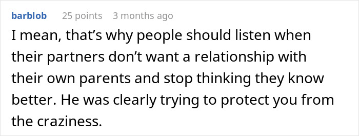 Text comment discussing relationship dynamics and protecting partners from difficult in-laws. Text comment discussing relationship dynamics and protecting partners from difficult in-laws.