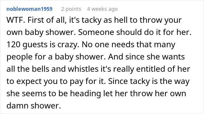 Text exchange discussing an entitled sister's baby shower and uninviting a man for calling her out. Text exchange discussing an entitled sister's baby shower and uninviting a man for calling her out.