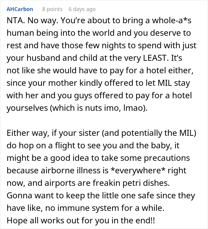 Comment on MIL not allowed to sleep over post-birth; mentions rest, hotel offers, and precautions for newborn's safety.