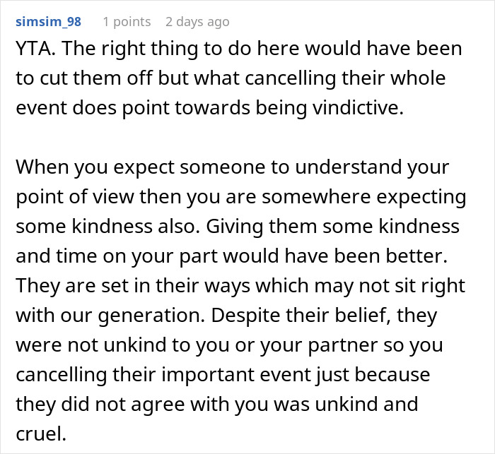 Reddit comment criticizing a daughter's decision to cancel an event, mentioning vindictiveness and generational differences. Reddit comment criticizing a daughter's decision to cancel an event, mentioning vindictiveness and generational differences.