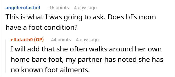 Woman questions son's girlfriend's house rule on foot conditions, Reddit comments screenshot.