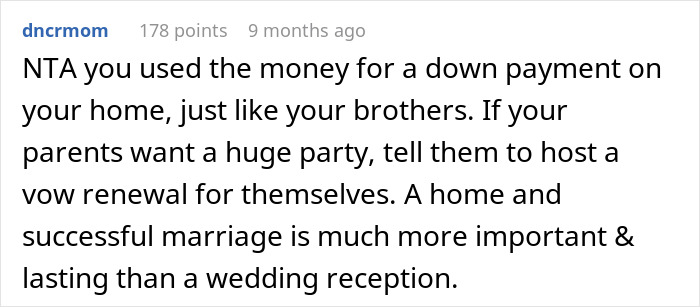 Reddit comment discussing eloping and using wedding money for a home down payment. Reddit comment discussing eloping and using wedding money for a home down payment.