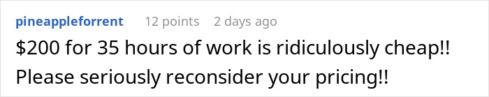 Comment discussing pricing related to a bridezilla refund after wedding.