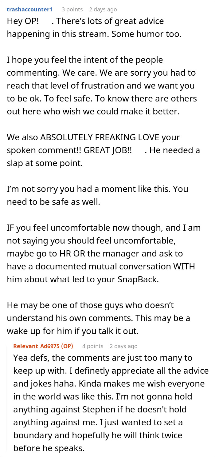 Discussion about a conflict with a coworker, featuring advice and reactions on handling a racist comment at work. Discussion about a conflict with a coworker, featuring advice and reactions on handling a racist comment at work.
