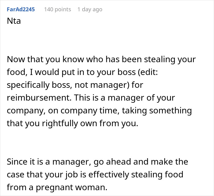 Reddit comment advising action against a food thief manager related to a decoy lunch incident.
